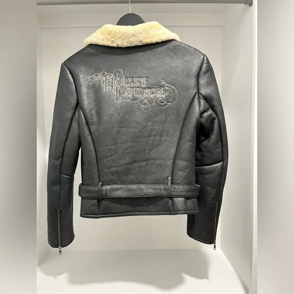 Vintage Harley Davidson Sherpa Lined belted Embroidered Genuine Leather Jacket S - Picture 5 of 14
